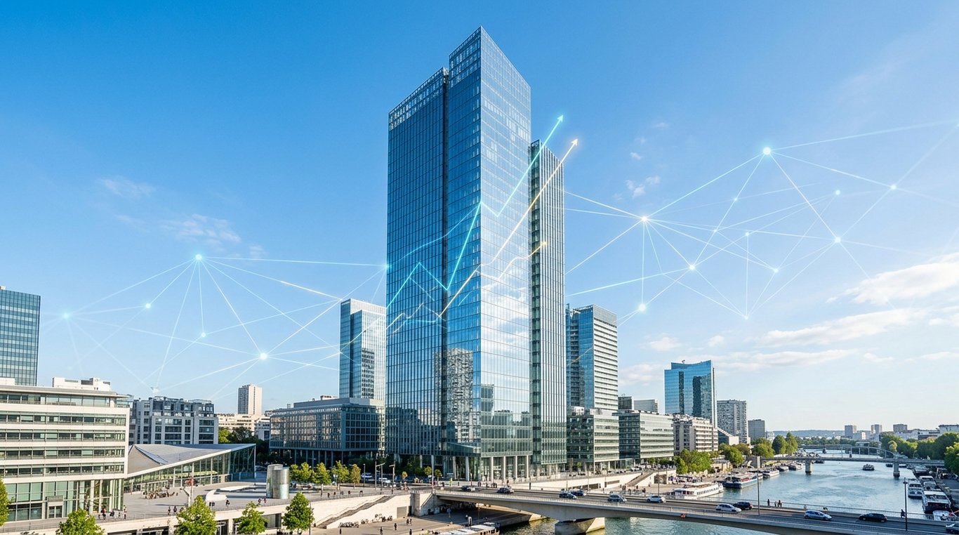 Une photographie architecturale haut de gamme d'un gratte-ciel en verre moderne reflétant un ciel bleu clair