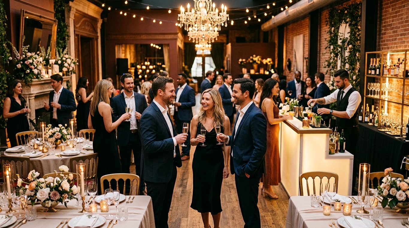 Espace intérieur d’un bar à vin privatisé, décoré avec des guirlandes lumineuses et un buffet dînatoire prêt à accueillir des invités.