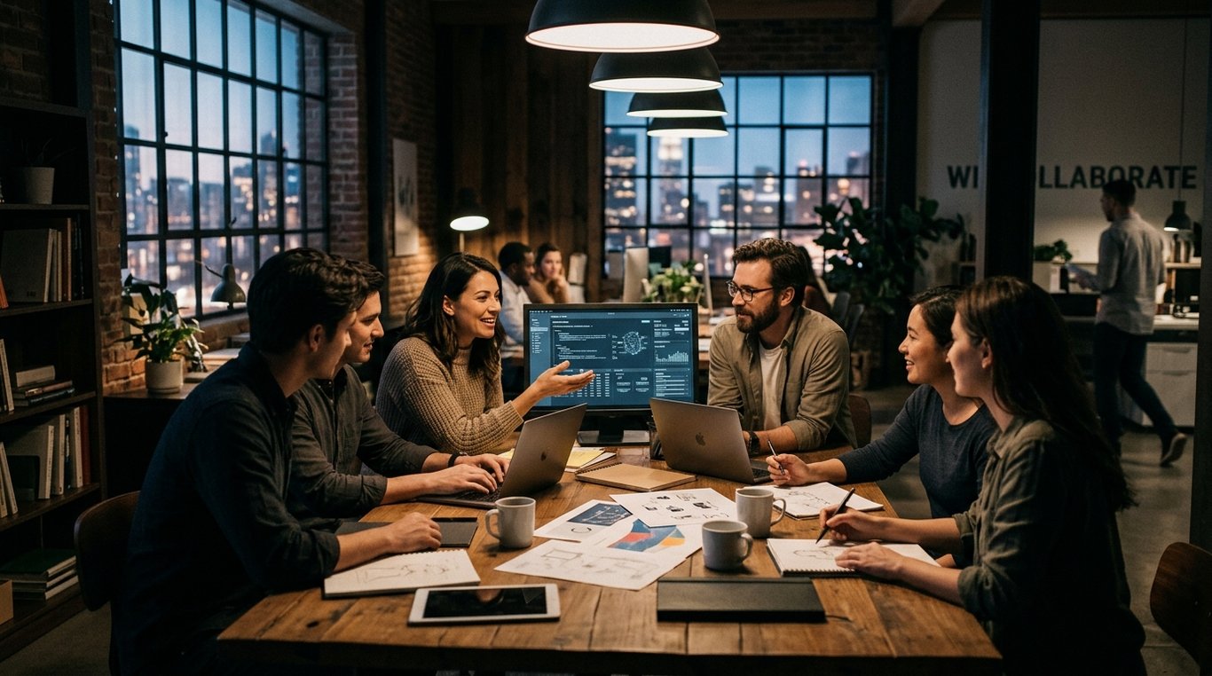 Portrait d'une équipe diversifiée et élégante de consultants en entreprise dans une salle de conférence moderne et bien éclairée.
