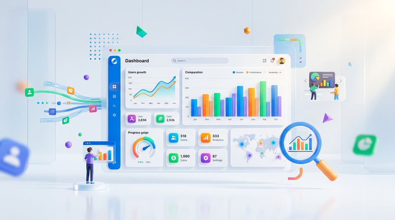 Interface de tableau de bord en 3D isométrique illustrant des KPI, graphiques et visualisations en temps réel