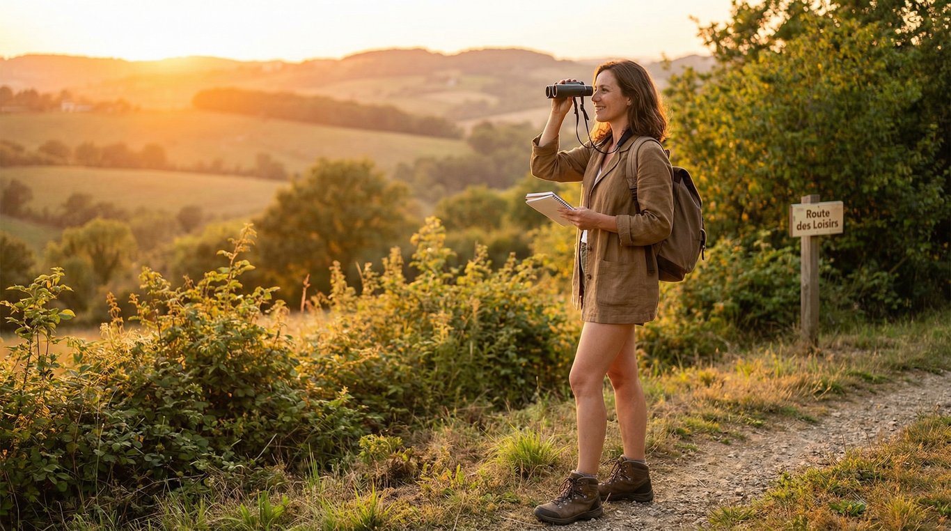 Portrait de Camille Dupont souriante, cheveux courts, portant un pull vert, assise près d'un feu de camp