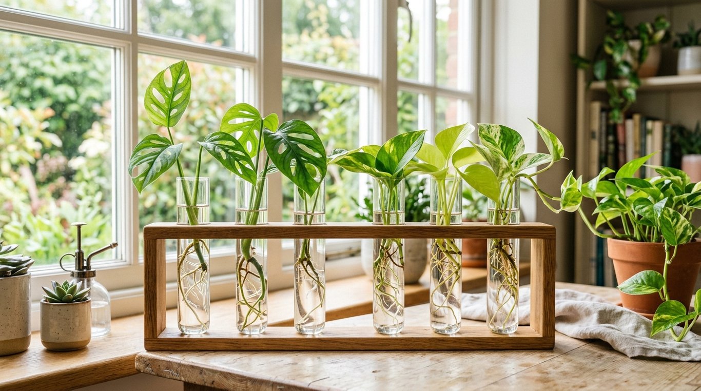 Station de bouturage en bois avec tubes en verre contenant des racines de Monstera