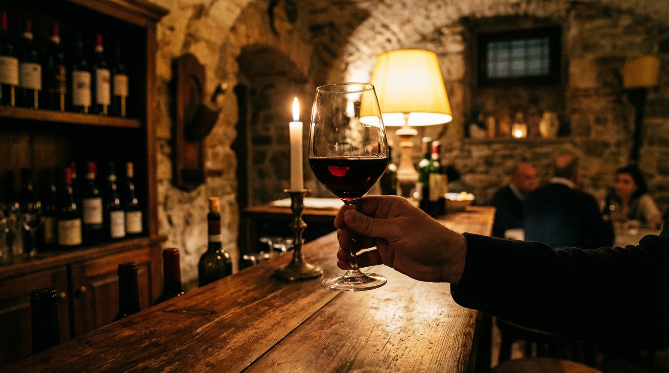 Verre de vin rouge rubis posé sur une table élégante au restaurant Alfedo
