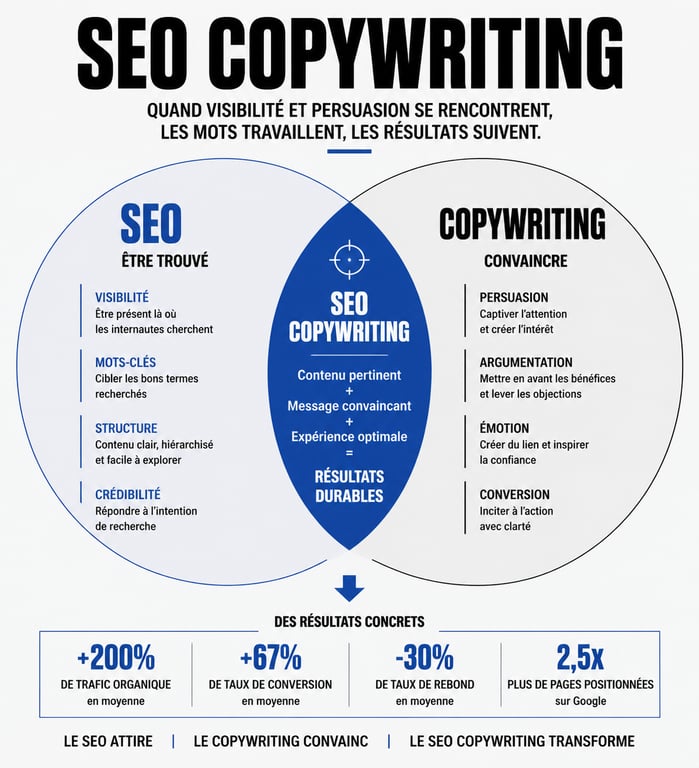 Schéma illustrant la méthodologie du SEO Copywriting : intersection entre référencement naturel et rédaction persuasive pour la conversion.