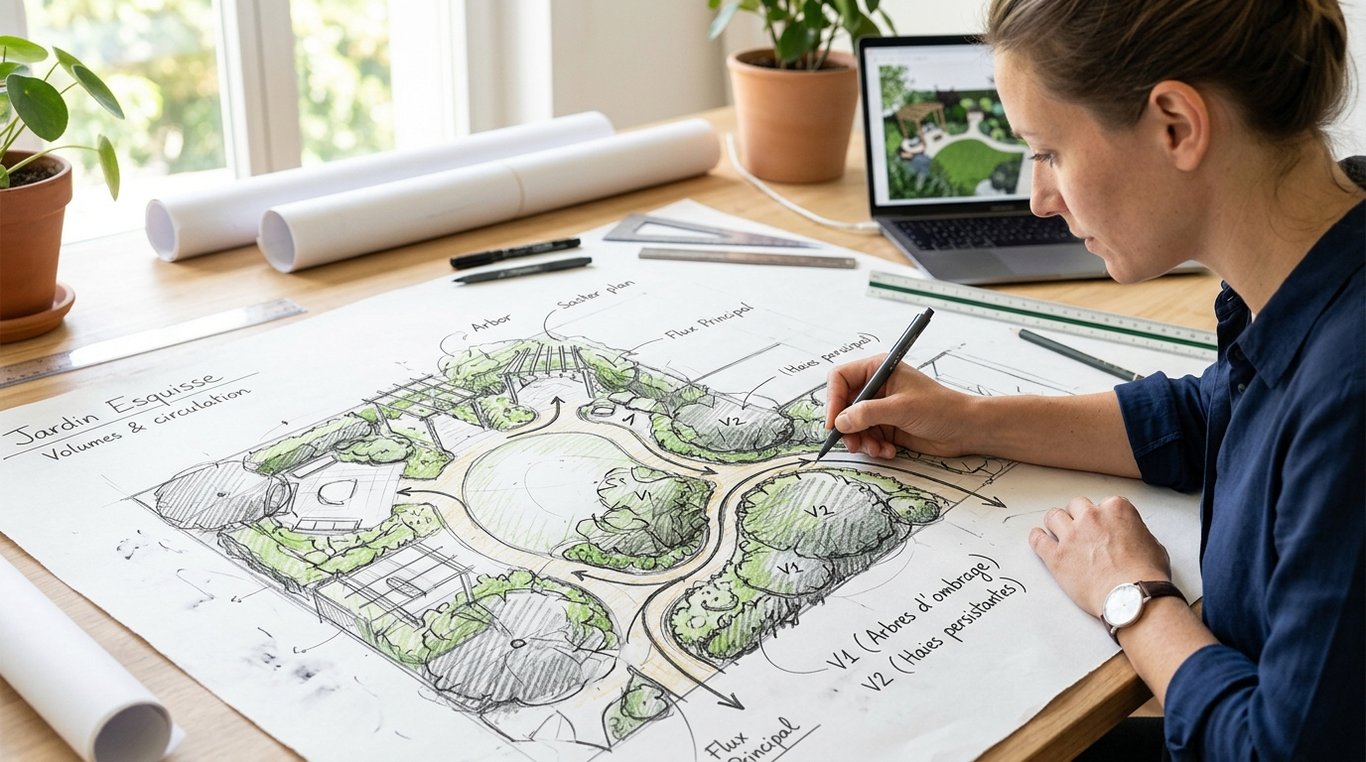 Terrasses en gradins avec plantations ornementales et finitions minérales