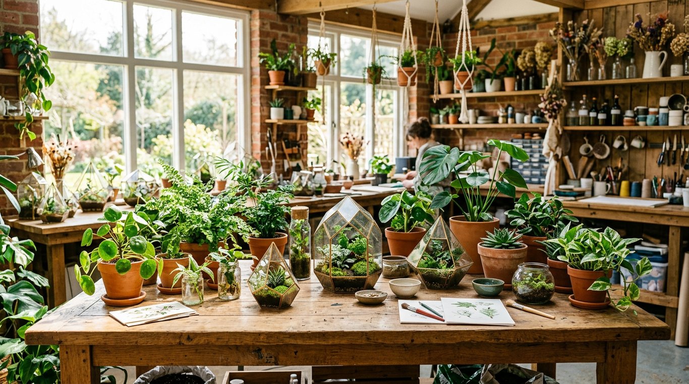 Un salon moderne transformé en jungle urbaine avec un grand terrarium
