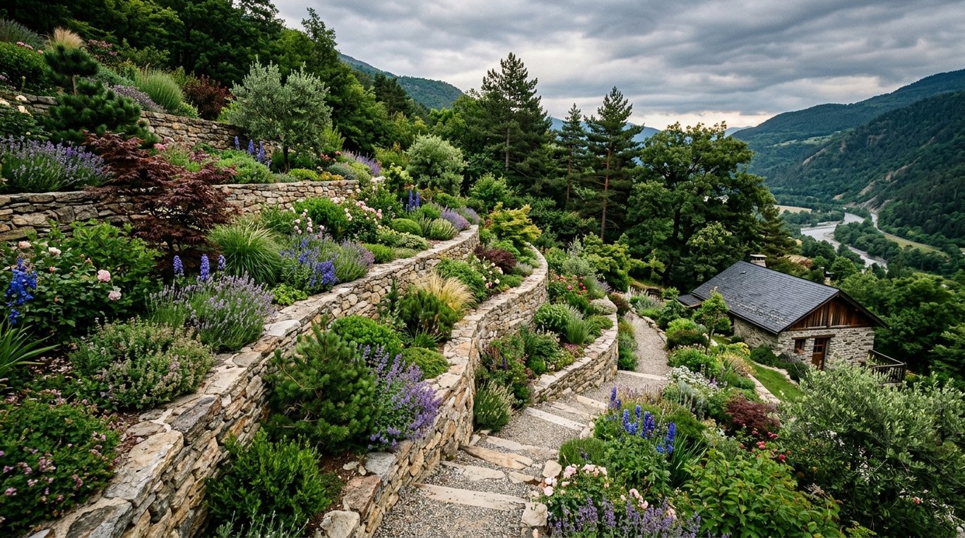 Terrasse en paliers et plantations harmonisées pour une circulation fluide et un effet soigné.