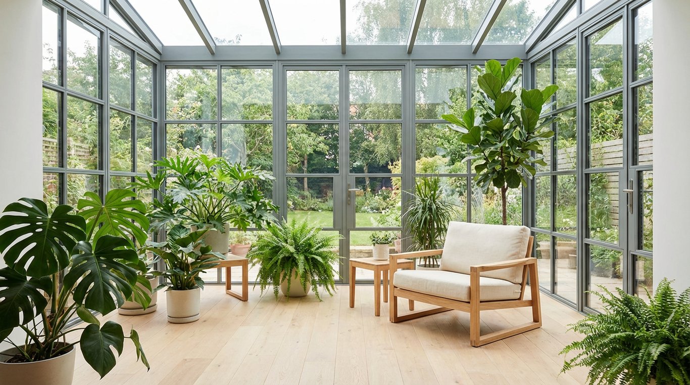 Jardin intérieur lumineux avec grandes plantes tropicales et parquet chaleureux
