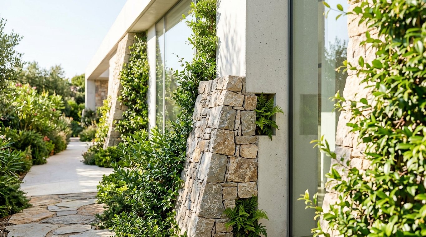 Détail de végétaux et d’éléments naturels intégrés pour créer un contraste chaleureux.