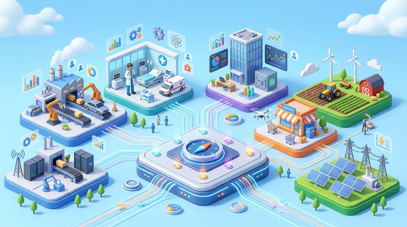 Illustration 3D isométrique mettant en avant un tableau de bord avec des indicateurs et graphiques pour piloter l’activité par secteur.