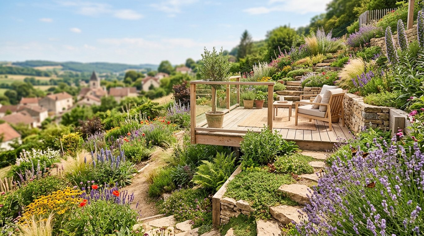 Jardin méditerranéen en terrasses avec oliviers