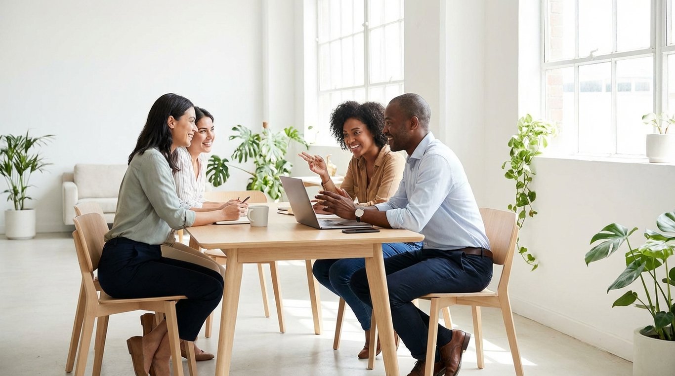 Bureau minimaliste en chêne clair avec ordinateur portable ouvert et tasse de café, lumière naturelle du matin