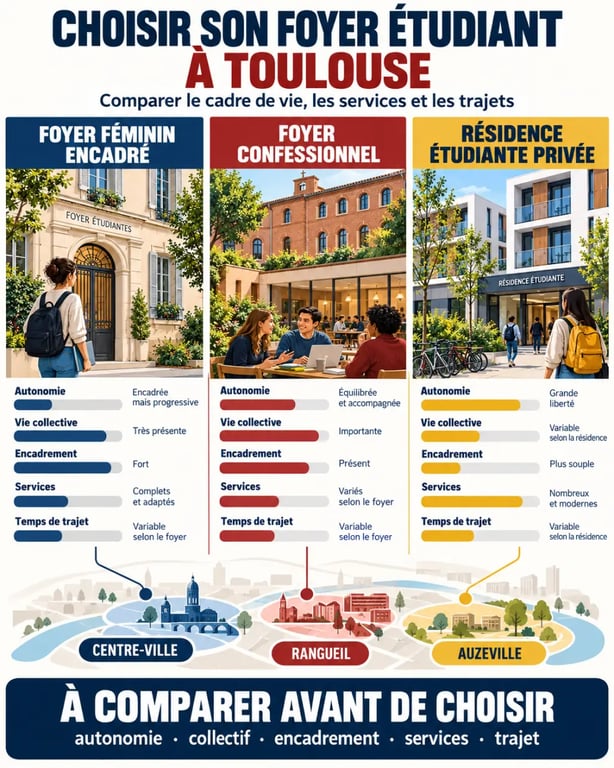 Infographie pour choisir un foyer étudiant à Toulouse selon l’encadrement, l’autonomie et la localisation