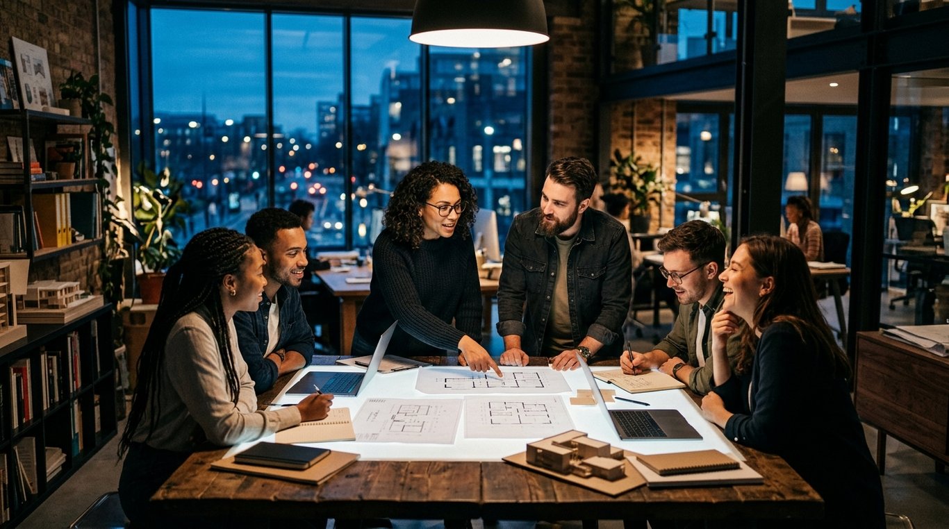 Immeuble de bureaux moderne à l'heure dorée, reflétant la stabilité et le haut de gamme