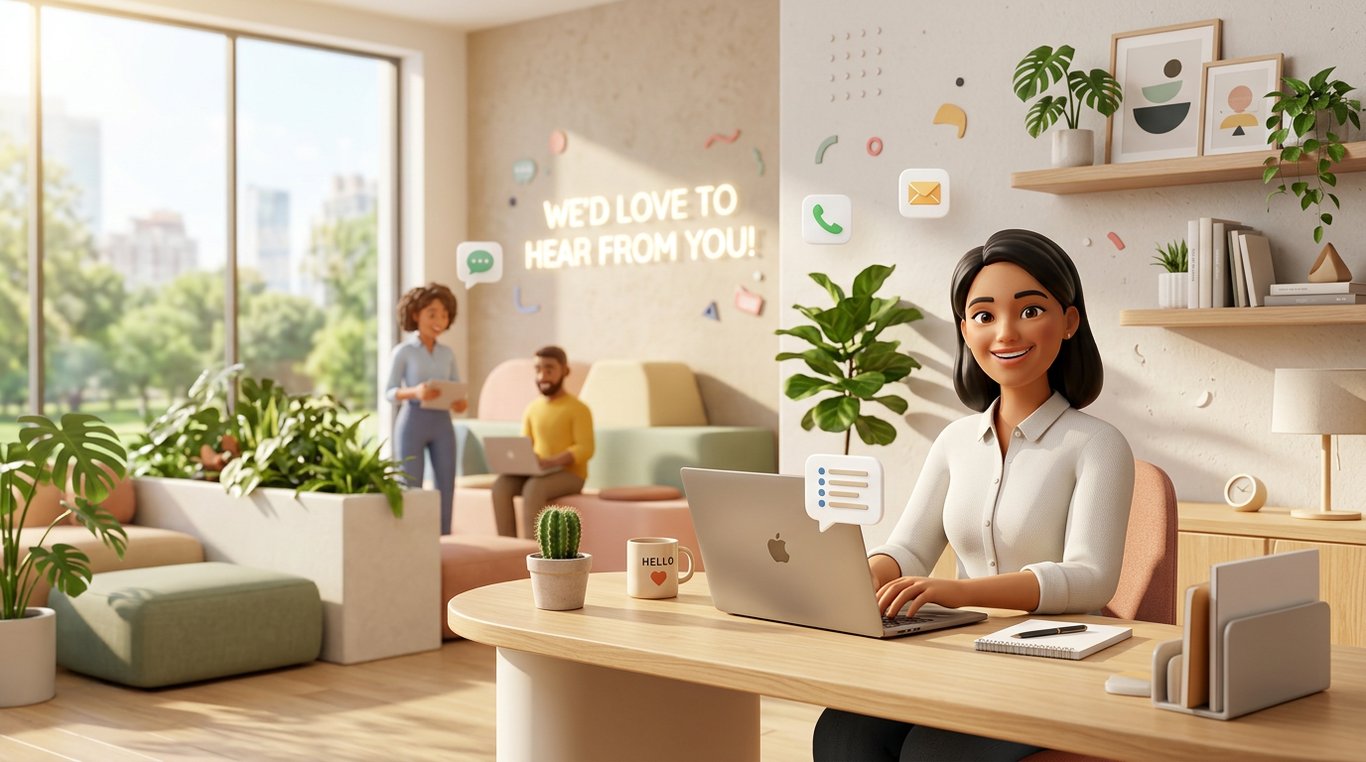 Illustration 3D moderne et épurée d'une enveloppe stylisée avec un symbole de chat, entourée d'éléments géométriques doux, couleurs corporate.