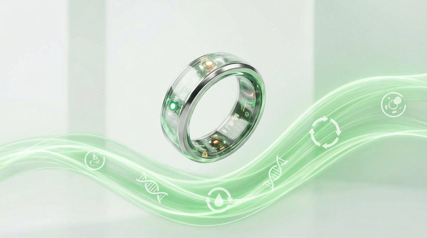 Anneau connecté BioLoop flottant au-dessus d'une onde lumineuse verte