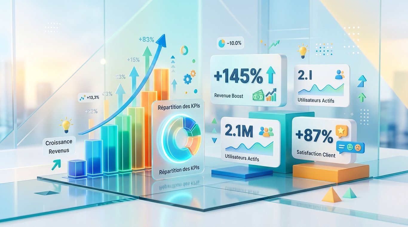 Illustration data : graphiques et indicateurs de performance en environnement 3D lumineux