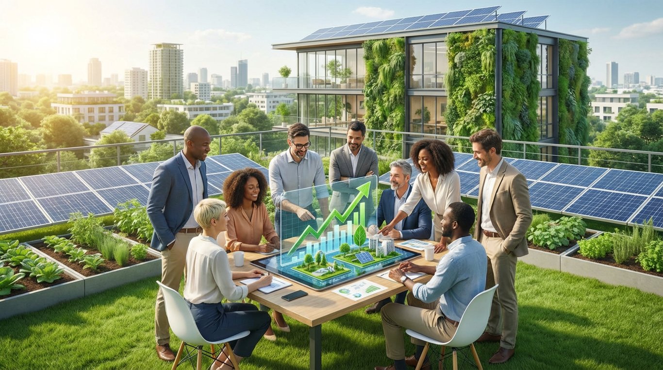 Graphique 3D minimaliste abstrait montrant des courbes de croissance ascendantes émergeant d'un écosystème naturel