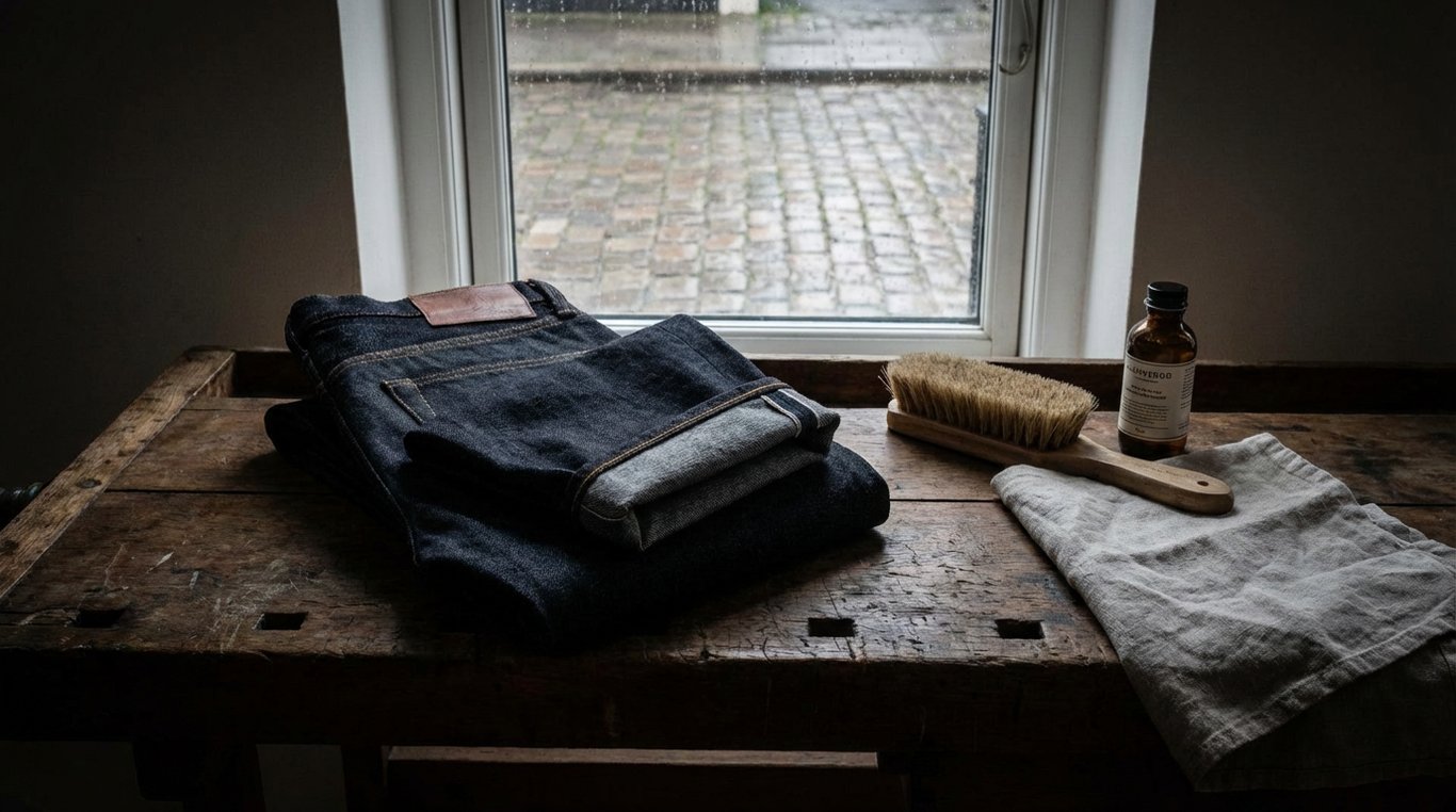 Jean denim brut suspendu