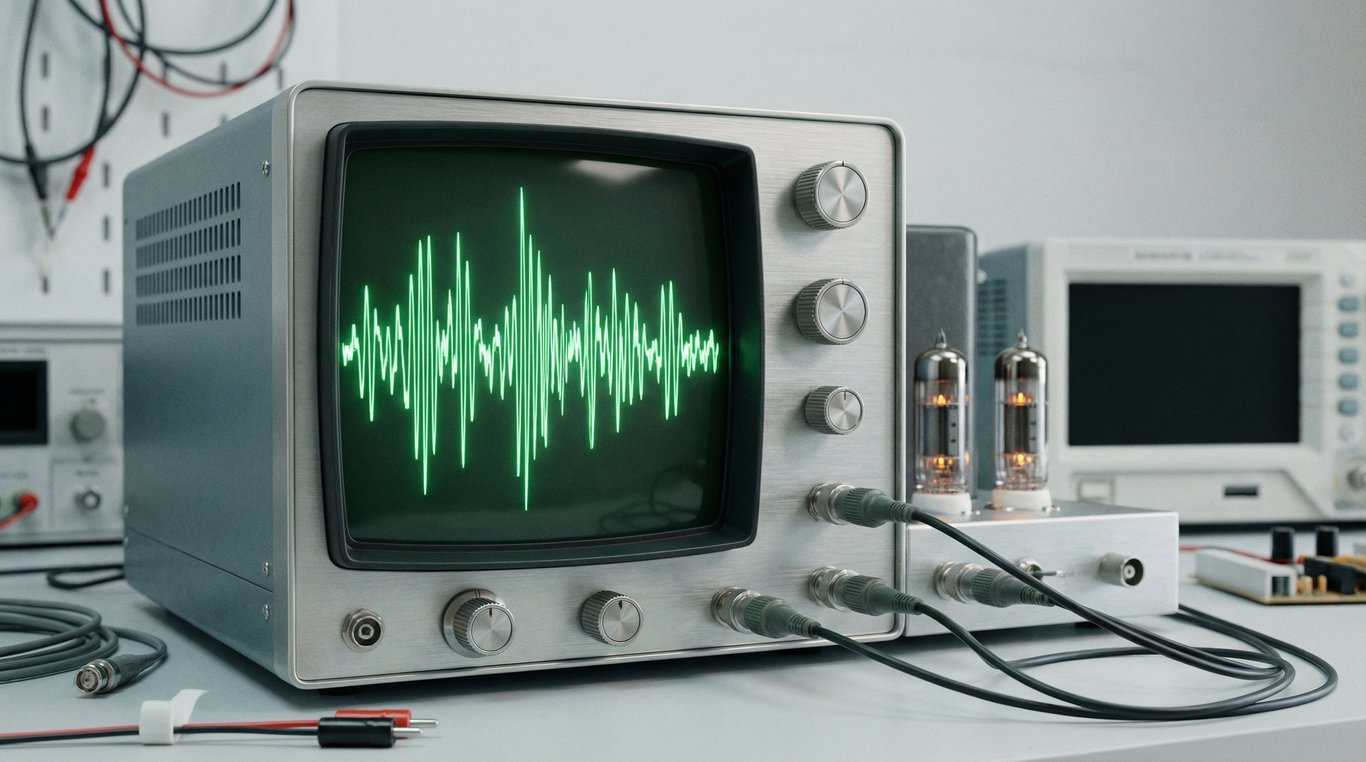 Gros plan sur un oscilloscope affichant une onde sonore complexe, esthétique technologique et propre