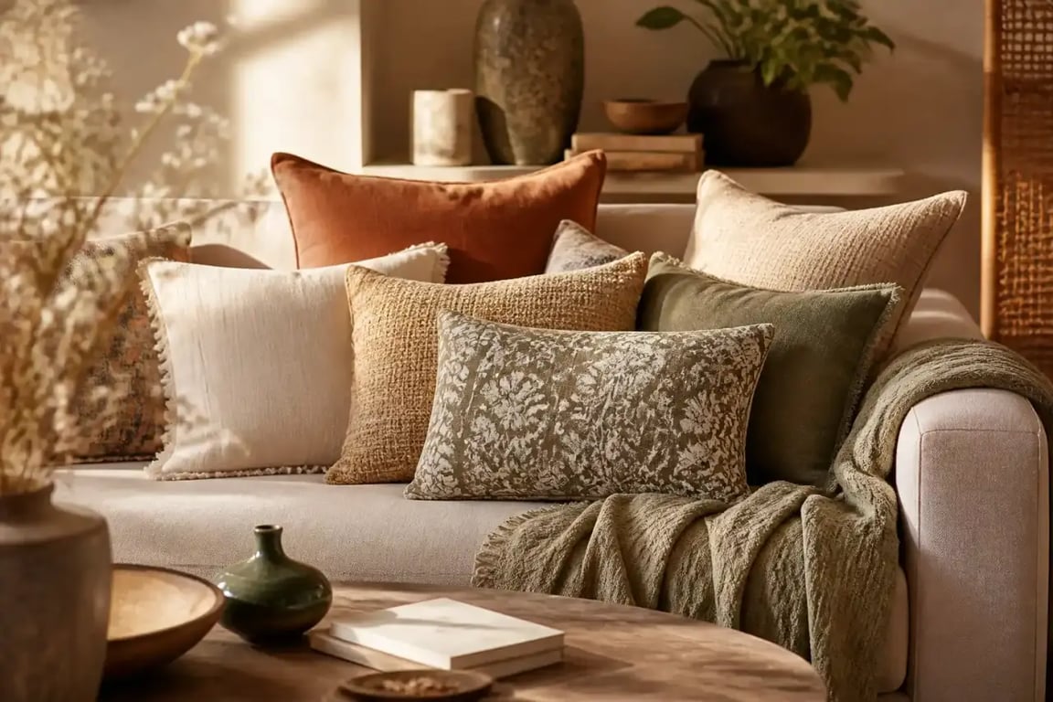 Vue de la collection de coussins, plaids et décoration, textiles naturels et éco-responsables