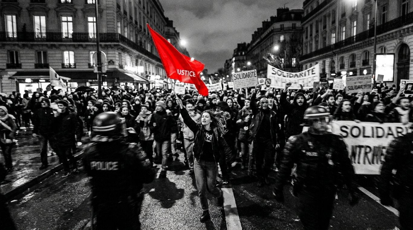 Foule urbaine en mouvement, photographie de presse noir et blanc avec accent rouge