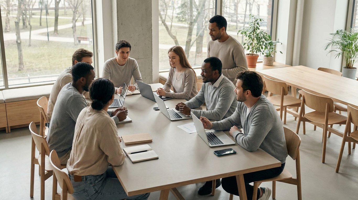 Portrait d'équipe en plan large dans un bureau open-space lumineux, style corporate décontracté mais professionnel
