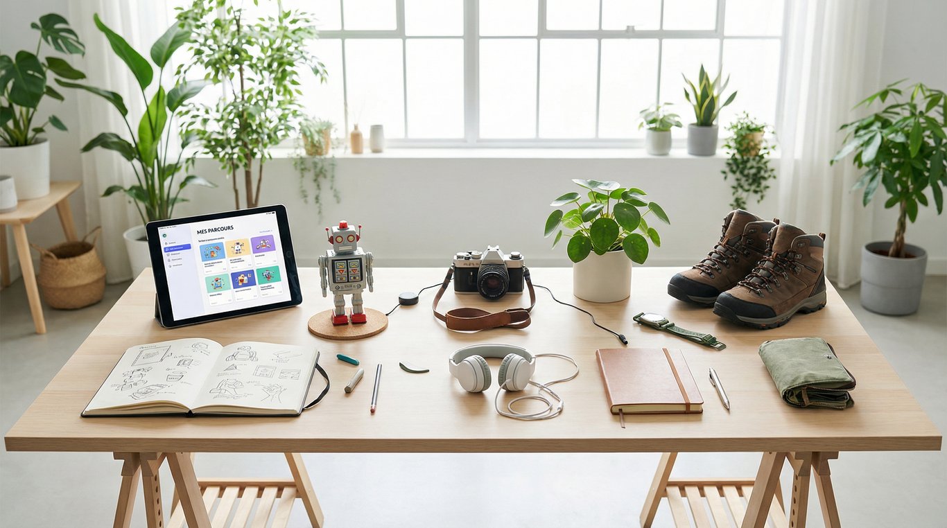 Vue de dessus d'une tablette affichant l'application BienFit posée sur une table en bois clair avec un bol de fruits frais