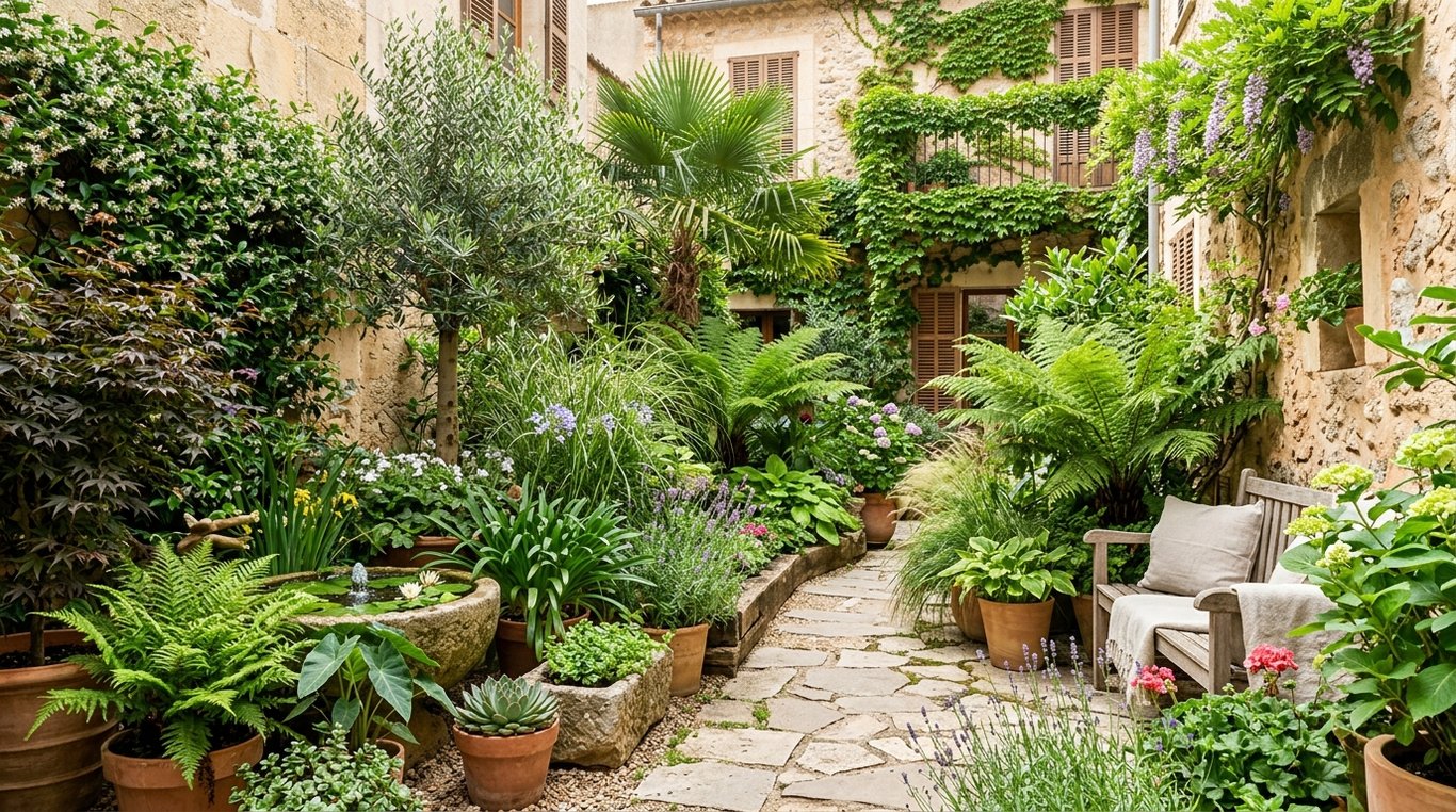 Vue d'un avant/après : une cour intérieure végétalisée avec une ambiance urbaine apaisée.
