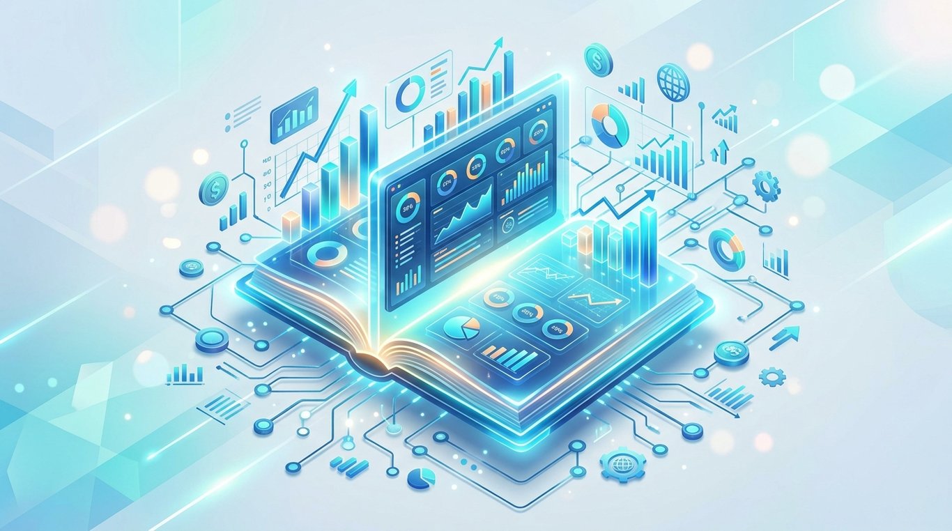Illustration 3D isométrique d'un livre numérique lumineux avec graphiques financiers