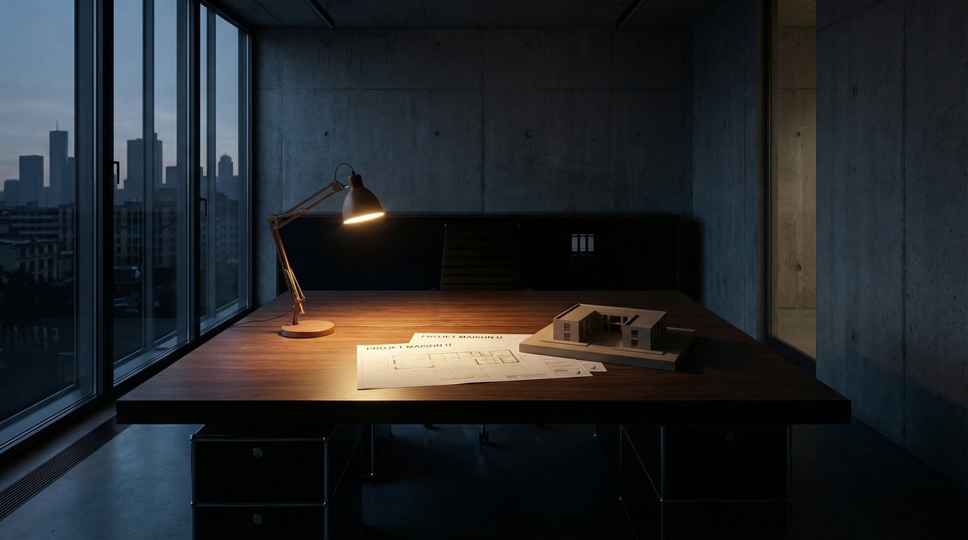 Bâtiment de bureaux moderne en verre et acier, style minimaliste