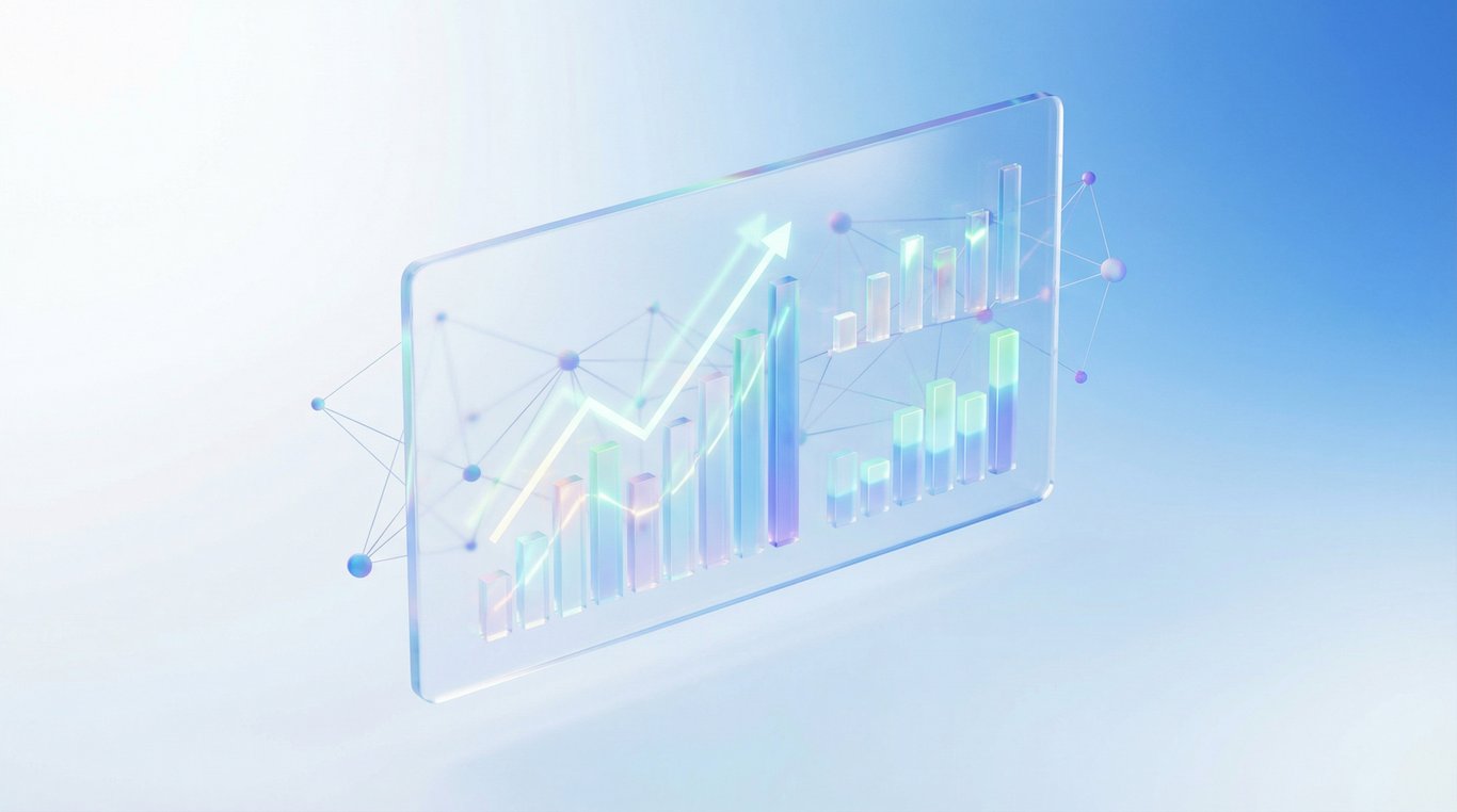 Interface utilisateur flottante en verre dépoli montrant des graphiques de croissance