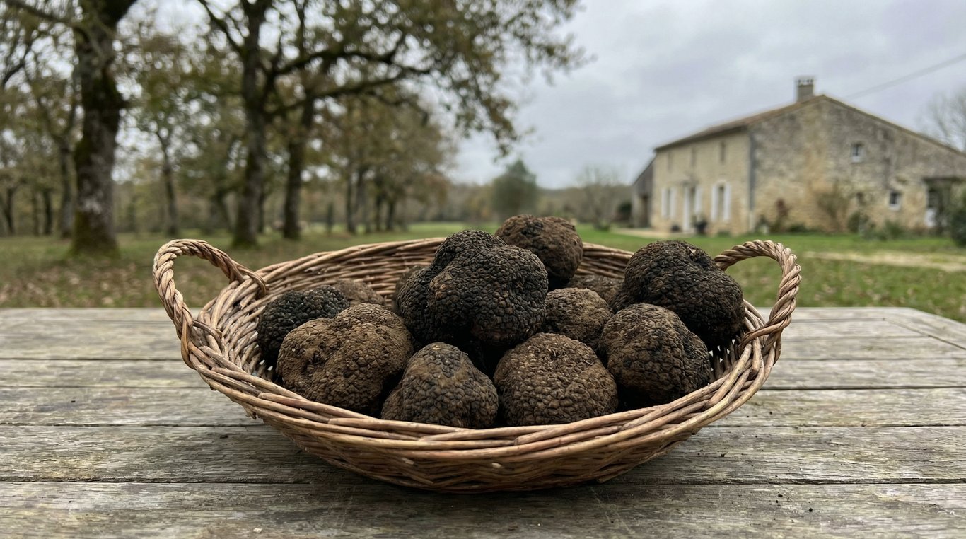 Panier en osier rempli de truffes noires fraîches posé sur de la mousse verte en forêt, lumière tamisée d'hiver