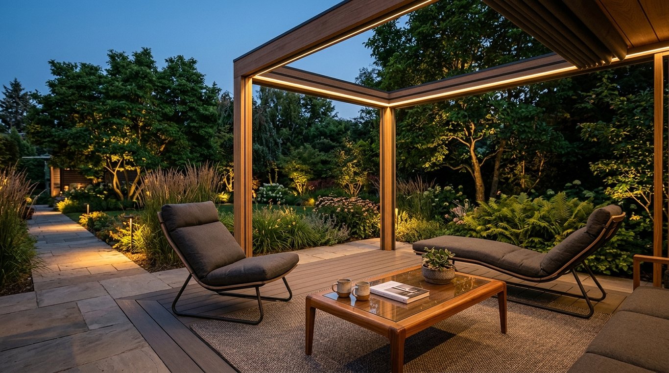 Photo après : allée illuminée avec textures végétales et ambiance chaleureuse.