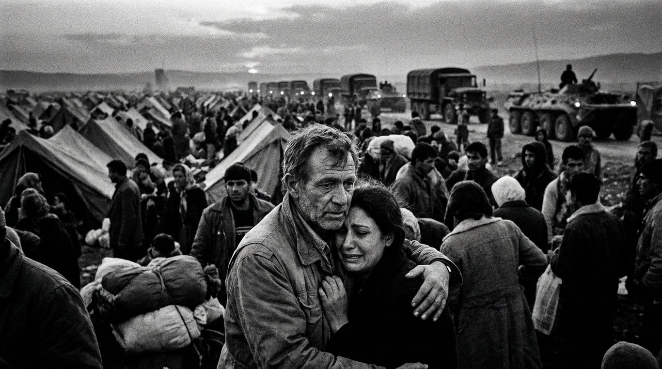 Foule dense lors d'un rassemblement pacifique, lumière naturelle dramatique