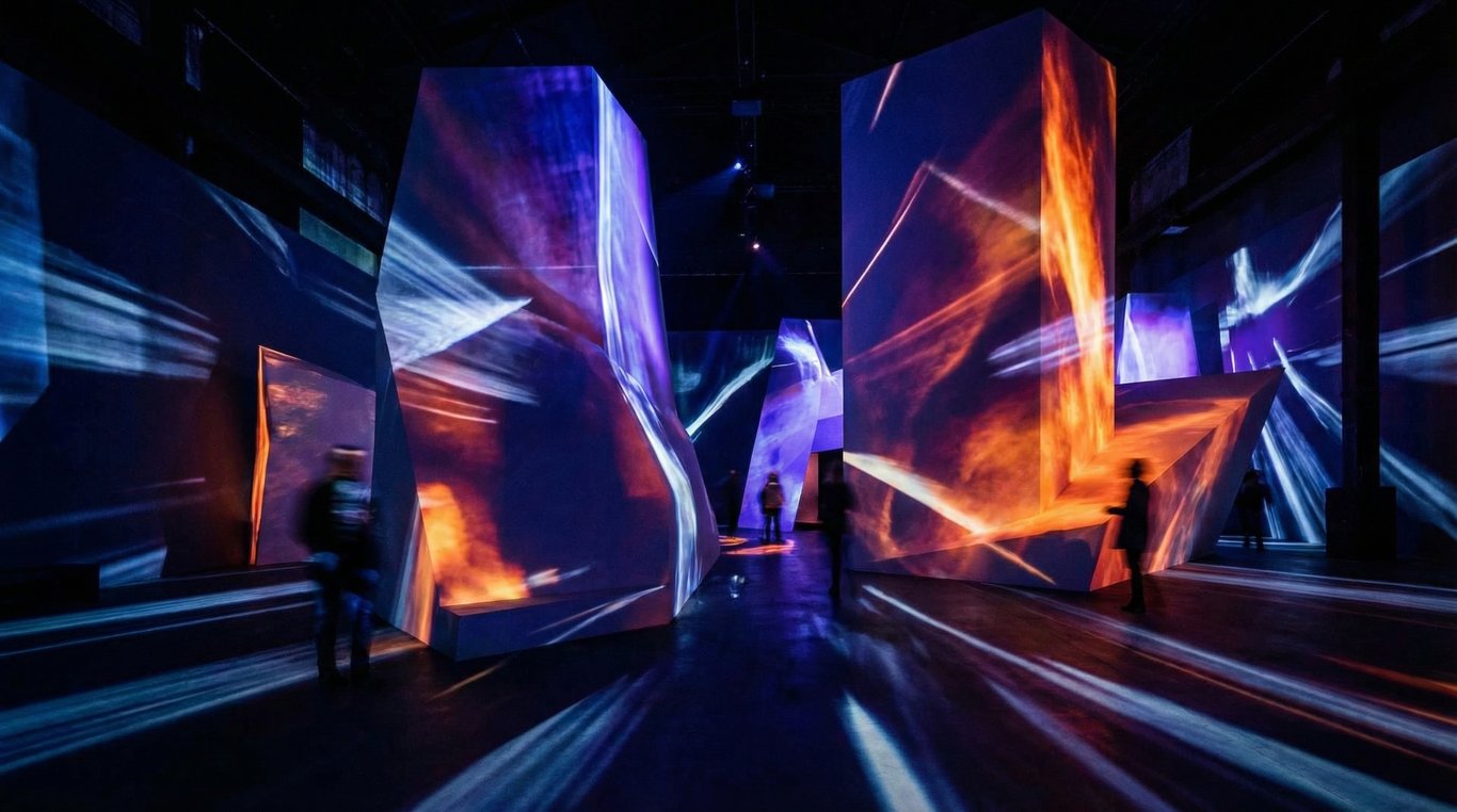 Installation immersive avec lasers rouges et fumée dans un entrepôt industriel sombre