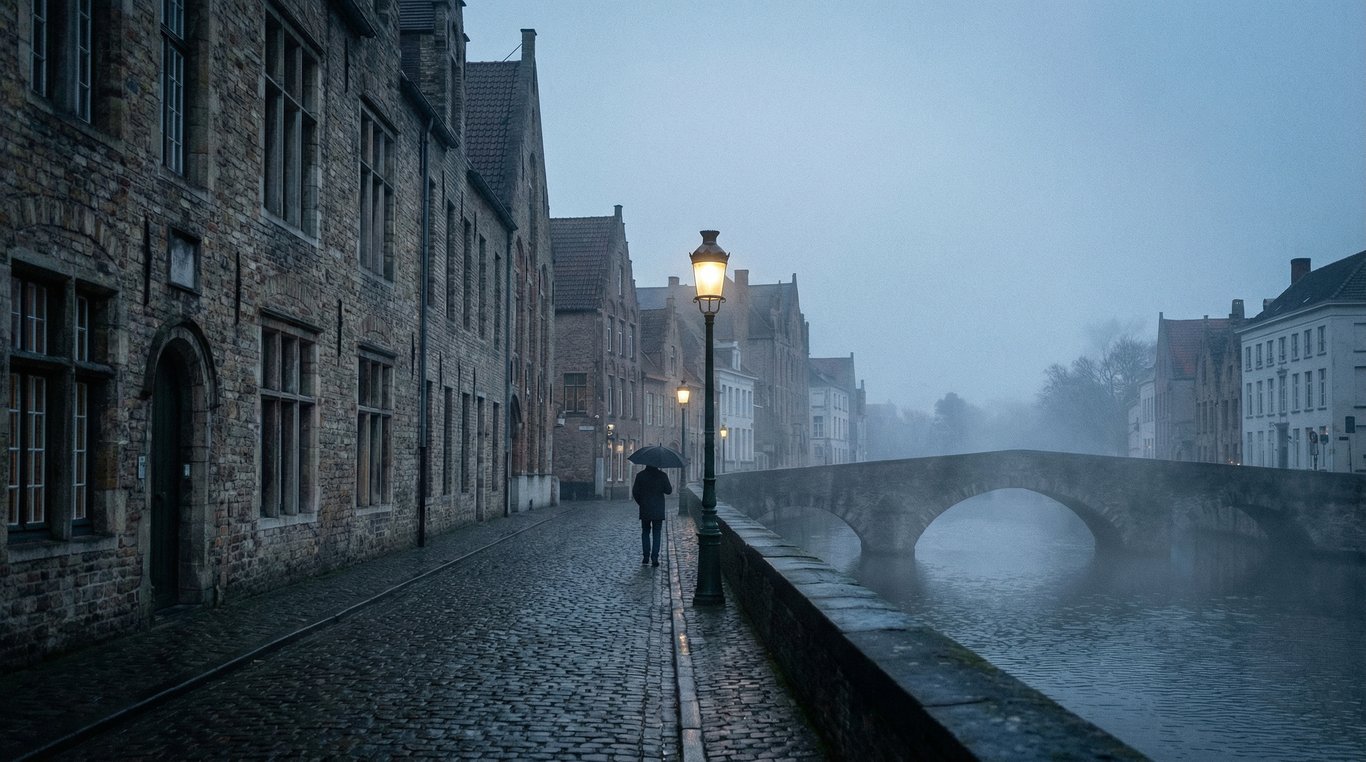Photographie d’un village médiéval européen aux toits de tuiles rouges sous un ciel nuageux