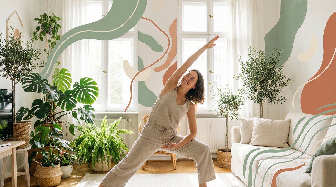 Femme souriante pratiquant le yoga doux dans un salon végétalisé