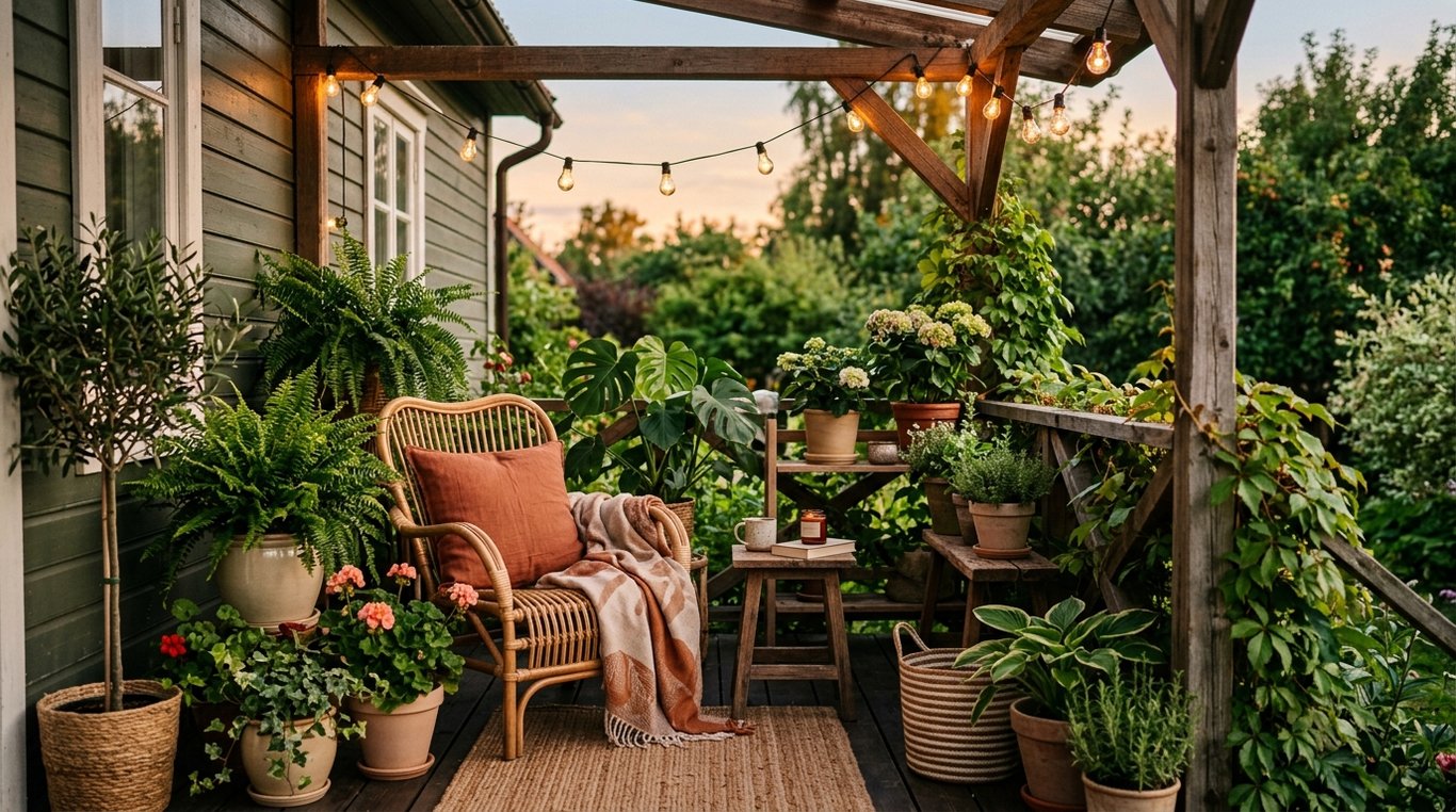Un petit porche en bois magnifiquement décoré avec des plantes en pot luxuriantes au crépuscule