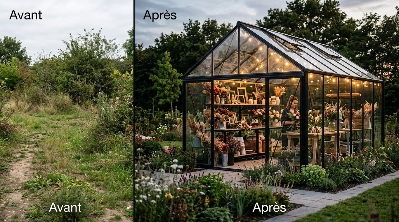 Photo après : pergola élégante et végétation grimpante structurée.