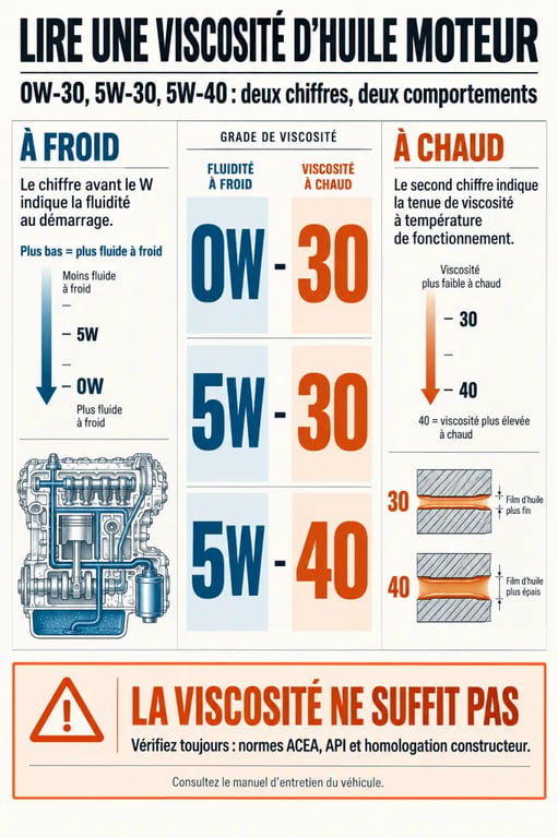 Infographie huile moteur plaque immatriculation : comprendre les viscosités 0W30, 5W30 et 5W40