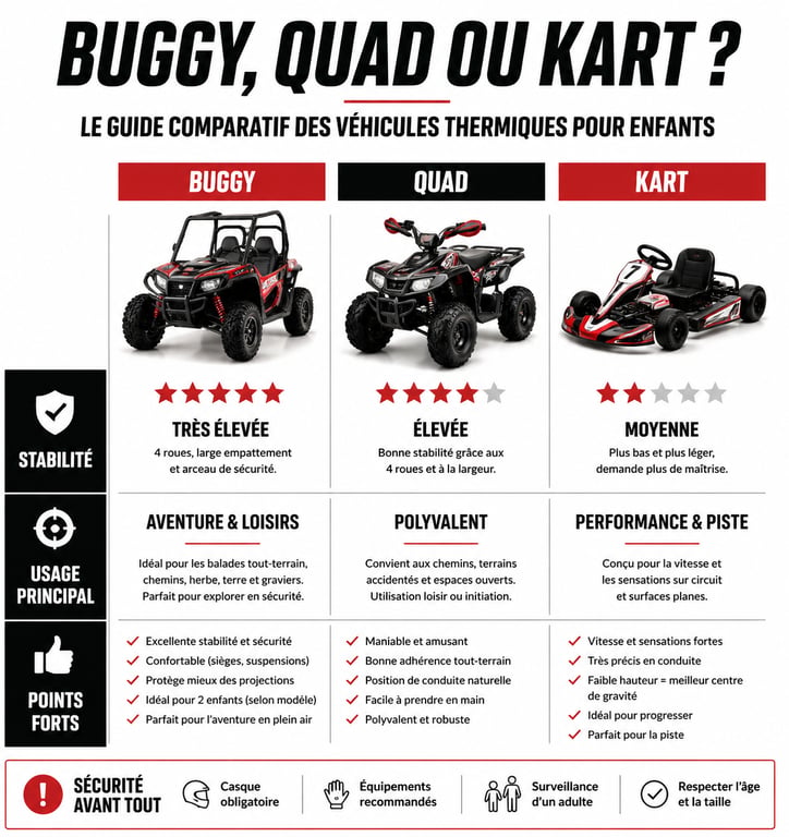 Comparatif des types de voiture thermique enfant : Buggy, Quad et Kart