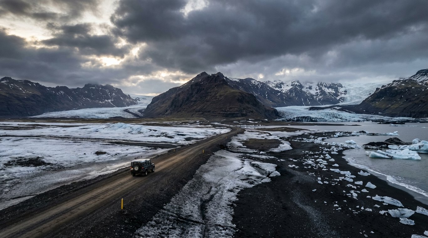 Plage de sable noir dramatique en Islande avec colonnes basaltiques et ciel orageux