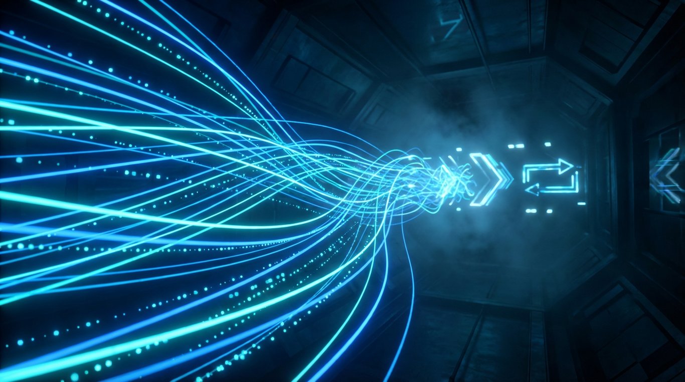 Composition 3D abstraite de flux de données lumineux symbolisant le trafic web