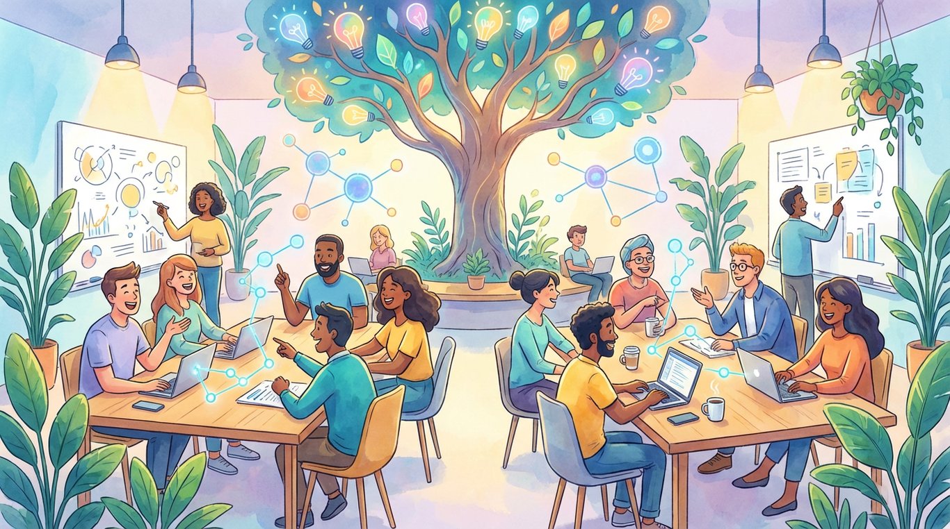 Portrait illustré stylisé d'une femme créative tenant un pinceau avec des formes abstraites flottantes style Memphis