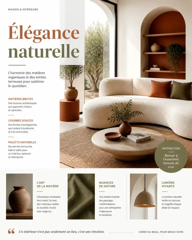 Salon moderne avec des éléments de tendance déco 2025, incluant des tons terracotta et kaki.