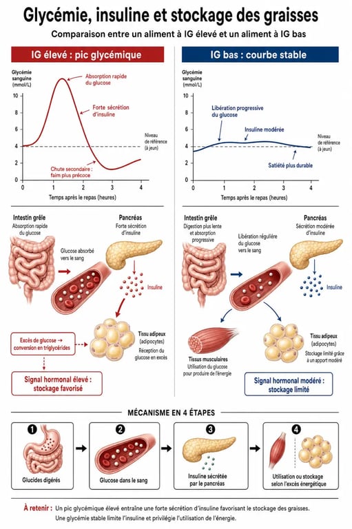 Infographie expliquant comment faire baisser la glycémie pour favoriser la perte de poids et éviter le stockage des graisses.