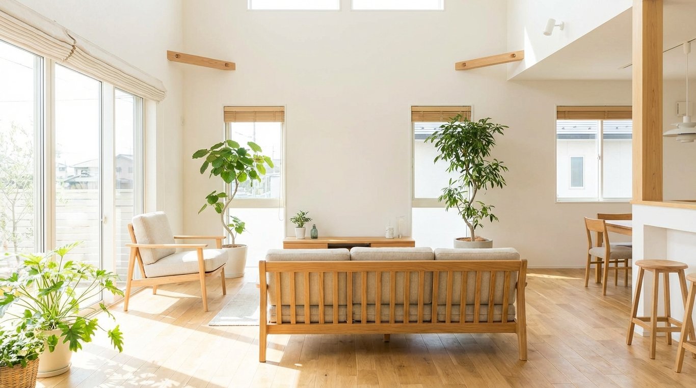 Salon moderne et minimaliste avec canapé modulaire beige et étagères géométriques