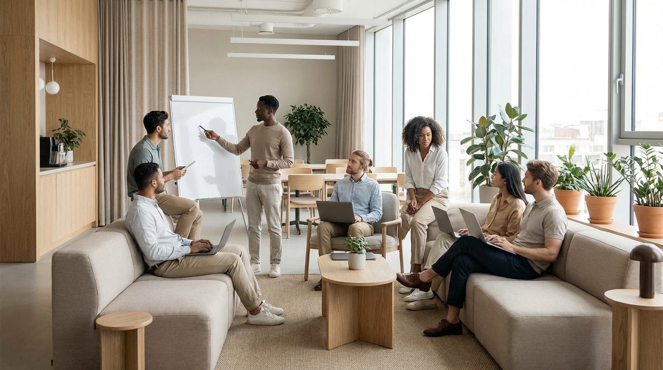 Photo professionnelle en noir et blanc d'une salle de réunion moderne avec des lignes architecturales fortes
