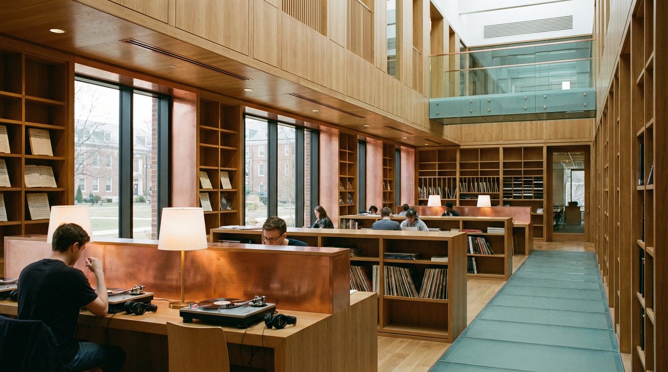 Une bibliothèque universitaire moderne avec des archives musicales, tons chauds et studieux.